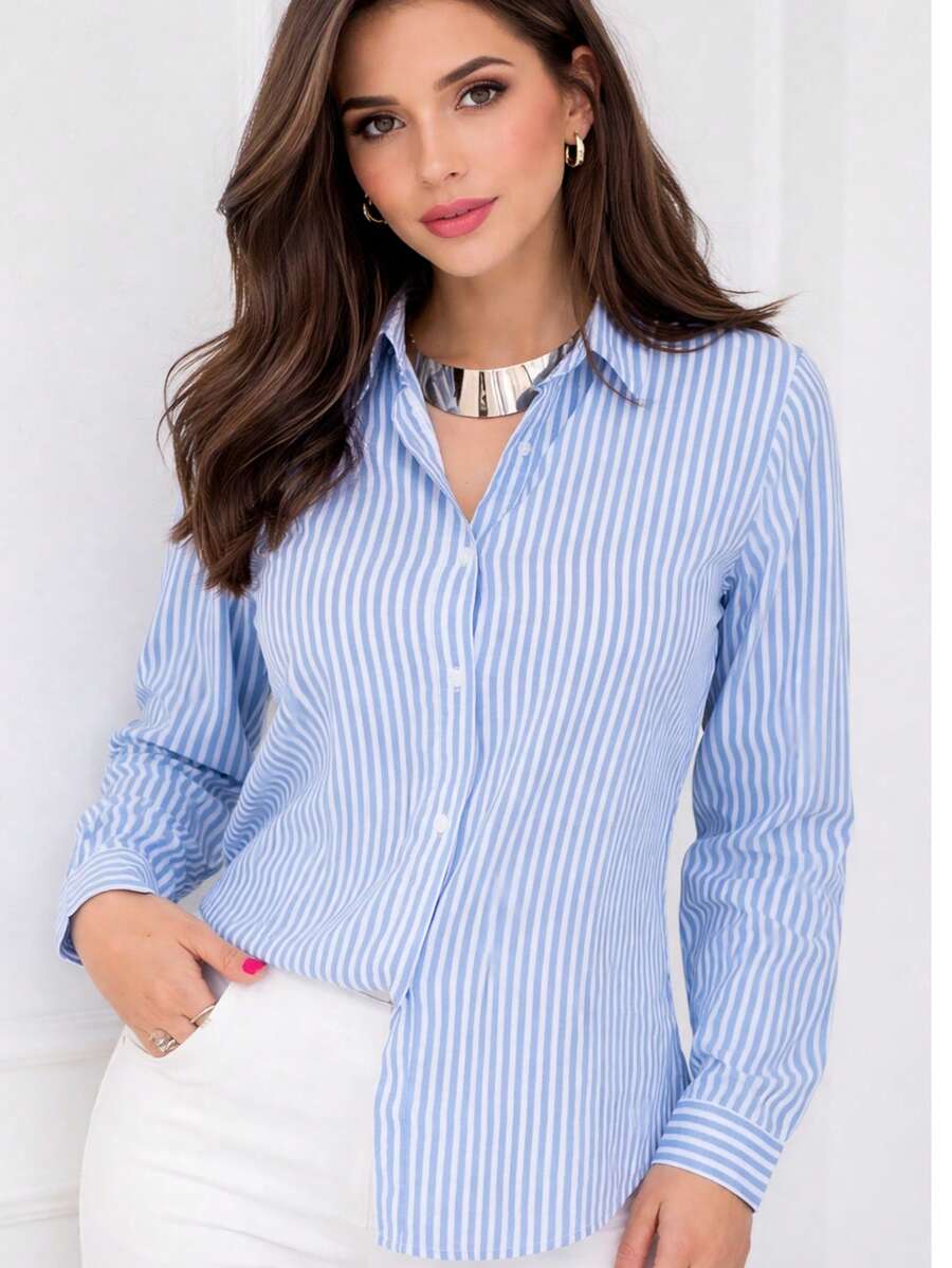 Polyester Dress Shirt, Patchwork, Striped Dress Shirt, Summer Office Shirt - 淺藍色 - 查看 1