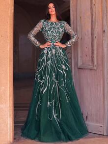 Faeriesty Women's Elegant Green Sequin Long Sleeve Boat Neck Flared Long Formal Evening Gown For Party & Romantic Events Wedding - Dark Green - View 6