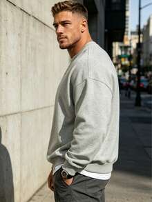 Sweatshirt Pria Kerah Bulat Minimalis Musim Gugur/Dingin Atasan Kasual Serbaguna Esensial Layering Streetwear - Light Grey - View 6