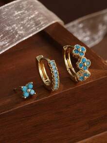 6pcs Exquisite Dazzling Earring Sets Earrings Stack Golden Copper Color Turquoise Color Stone Zirconia Hoop Stack Gifts For Women - Earring Set - View 5