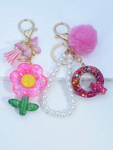 1pc Resin Starry Sky Epoxy Letter Keychain With Black Fur Ball Tassel Decor, Heart Pendant Gift For Friend And Mom - Hot Pink - View 35