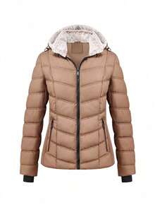 Jaket Kasual Musim Gugur/Dingin Wanita Giolshon dengan Kantong Resleting dan Tudung - Coffee Brown - View 6