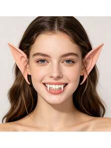 Adult Halloween Cosplay Accessory Kit, Soft Latex Elf Ears With Reusable Vampire Fangs, Realistic Pointed Fairy Ear Prosthetic & Resin Denture Teeth, Gothic Horror Style Masquerade Party Dress-Up Styling Prop For Themed Event - Multicolor - View 1