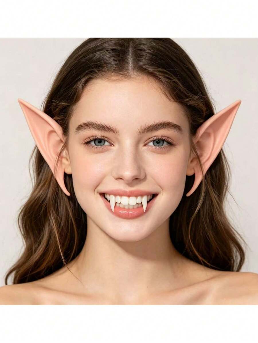 Adult Halloween Cosplay Accessory Kit, Soft Latex Elf Ears With Reusable Vampire Fangs, Realistic Pointed Fairy Ear Prosthetic & Resin Denture Teeth, Gothic Horror Style Masquerade Party Dress-Up Styling Prop For Themed Event - Multicolor - View 1