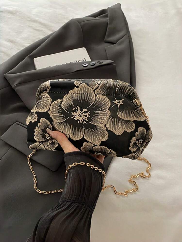 休閒時尚迷人花卉圖案女款手提包 晚宴包 吻扣包 配可拆卸鏈條肩帶 - 彩色 - 查看 7