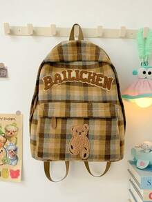 1pc Retro Rainbow Checkered Fabric Backpack, Multi Pocket Lightweight Casual Daypack With Adjustable Canvas Shoulder Straps - Multicolor - View 10