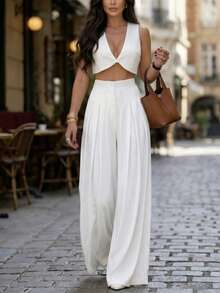 Women's Casual Solid Color Mid-Waist Wide Leg Pants, With Zipper, Pocket Details, Fashionable Versatile Wide Leg Pants - Off White - View 1