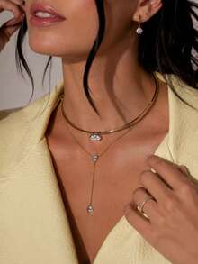 2pcs Rhinestone Choker & Y-Shaped Necklace Set, Smooth Open Metal Choker + Marquise Teardrop Rhinestone Y-Shaped Pendant Necklace, Women's Minimalist Shiny Everyday Layered Collarbone Jewelry - Rhinestones - View 2