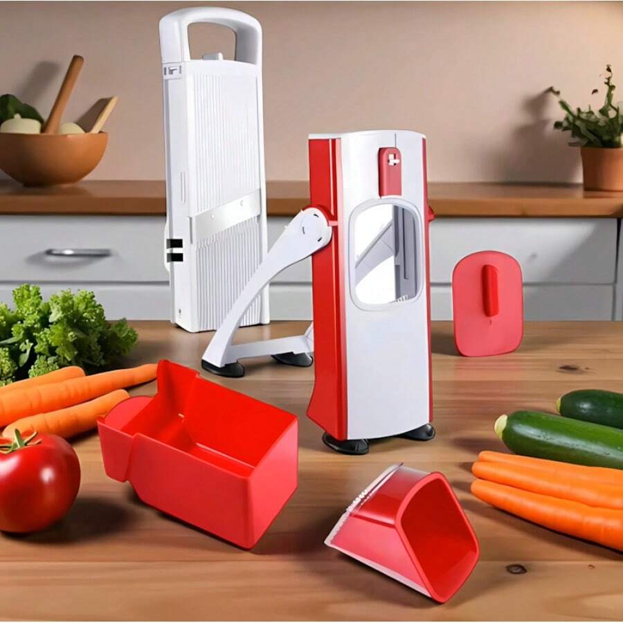 Cortador de Verduras Vertical de Una Pieza, Utensilio de Cocina, Cortador Multifuncional Profesional con Cuchillas Ajustables de Acero Inoxidable para Cortar Verduras y Frutas. - Rojo - Ver 1