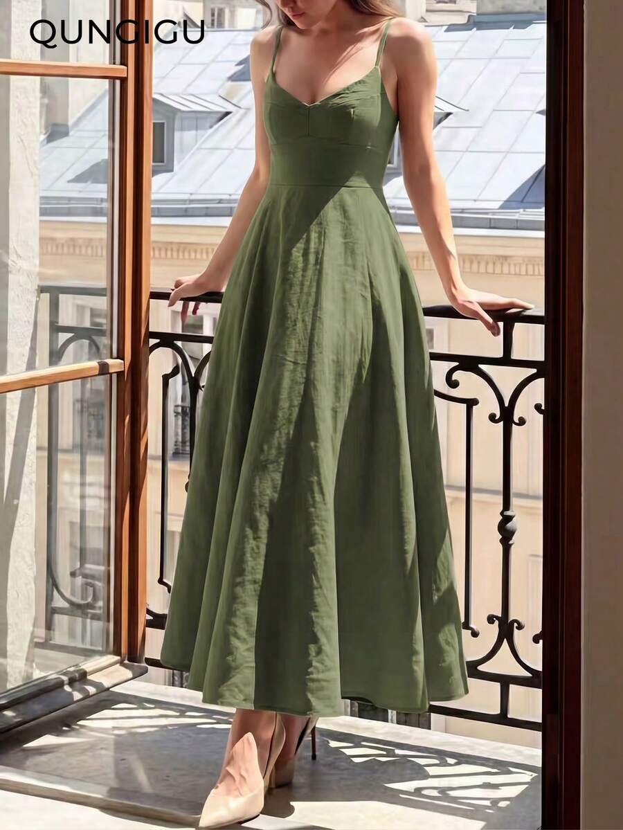 QUNGIGU 女款優雅細肩帶中長洋裝 V領亞麻紋理露背高腰夏季海灘婚禮賓客禮服 - 軍綠色 - 查看 1