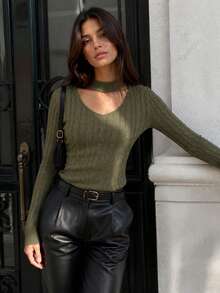 2026 New V-Neck Halter Knit Sweater For Women, Slim Fit Flattering Ribbed Base Layer Top - Dark Green - View 6