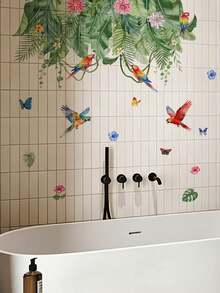 1pc Tropical Vine Parrot Flower Butterfly Wall Decor Sticker, Removable Room Decoration Wall Decal For Bedroom And Living Room - 1PC - View 3