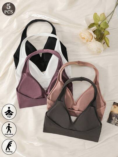 5PCS Women Breathable Wireless Halter Bralette, Wearable Outside Crisscross Back Sports Yoga Bra