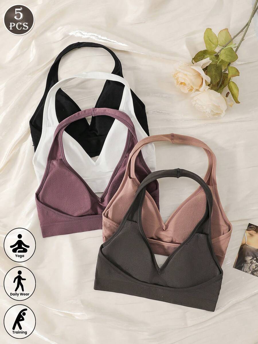 5 Peças Sutiã Halter Sem Fio Respirável para Mulheres, Sutiã Esportivo de Yoga com Costas Cruzadas para Uso Externo - Multicolorido - Visão 1