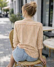 Linen Button-Down Shirt, Beach Cover-Up, Long Sleeves, Striped, Polyester, Button-Down, Vacation, Diary, Travel, Summer. - Beige - View 4
