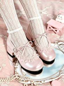 Girls' Pink Pearl Lace Bow Mary Jane Shoes, Single Strap Low Heel Princess Shoes - Pink - View 3