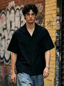 Men's Summer Thin Solid Color Short Sleeve Shirt With Turn-Down Collar, Fashionable Versatile Blouse - Black - View 5