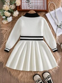 Young Girl Color Block Knit Dress, Autumn/Winter Korean Style Chic - Apricot - View 2