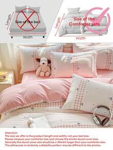 4pcs Striped Bow Duvet Cover Set, Breathable, Back To School, Dorm/Bedroom Bed Decor, (Includes 1 Duvet Cover + 1 Bed Sheet + 2 Pillowcases), Duvet Insert And Pillow Insert Not Included, Pillowcase Pattern Randomly Cut - Pink - View 7