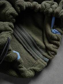 American Outdoor Style Army Green & Light Blue Colorblock Fleece Hooded Jacket, Full Zip Waist-Cinching Loose Warm Jacket - Green - View 7