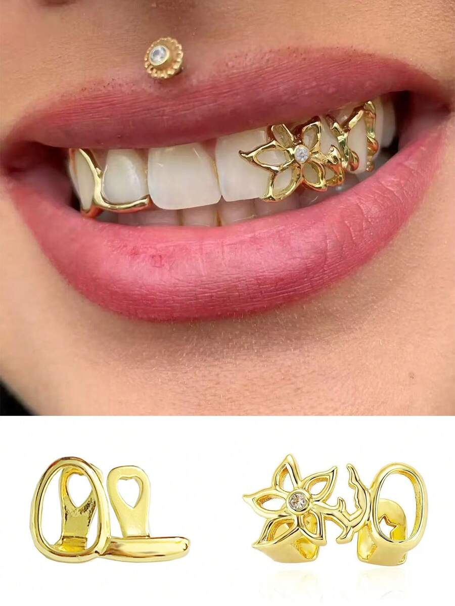 مجموعة أسنان جريل هيب هوب مخصصة بتصميم زهرة مجوفة مع زركونيا، إكسسوار يومي للحفلات، للجنسين، 1 مجموعة - متعدد الألوان - مشاهدة 1