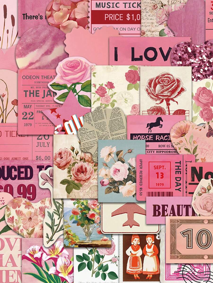 50 peças/Conjunto Adesivos de Flores de Desenho Animado Estética Rosa Retrô, Decalques Decorativos para Laptop, Guitarra, Telefone, Papelaria, Bagagem, Caderno - Multicolorido - Visão 1