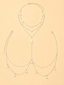 1pc Multi-Layer Pearl Y-Shaped Draping Body Chain, Asymmetrical Pearl Layered Necklace Connected To Waist Chain, Women's Summer Beach Bikini Vacation Pearl Body Accessory - Pearl - View 8