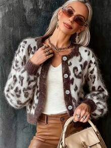 Plus Size Women's Leopard Print Single-Breasted Casual Versatile Daily Wear Cardigan - Brown - View 6