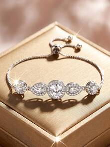 1 Set Fashion Cubic Zirconia Asymmetrical Women's Bracelet & Bangle Set, Silver-Plated Shiny Jewelry, Party Music Festival Daily Travel Accessories, Anniversary Birthday Gift For Partner Best Friend Girlfriend - ST-298 White Green + WDST-84 - View 5