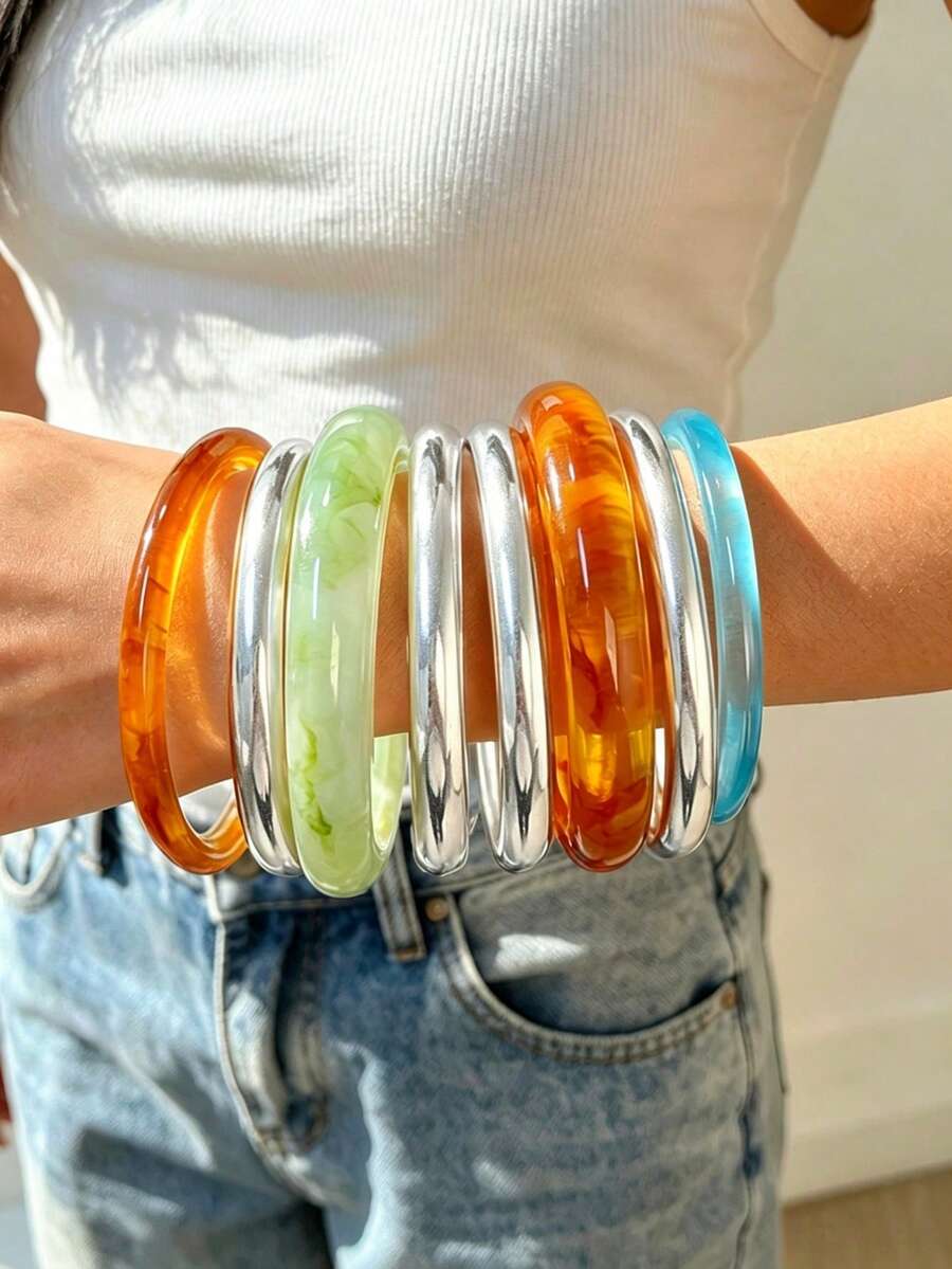 8pcs/4pcs Women's Bracelet Set, Vintage Fashion Elegant Minimalist Daily Basic Old Money Style Blue Brown Green Resin Marbled Plain Bangle, Silver Polished Metal Bangle, Stackable Jewelry, Y2K Multi-Piece Set, Suitable For Women Summer Beach Vacation Party Date Daily Wear, Versatile Accessory, Gift For Girls - Multicolor - View 1
