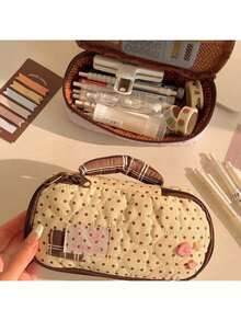 Cute Polka Dot Large Capacity Pencil Case, Multi-Layer Zipper Stationery Storage Bag With Inner Compartment, Highly Attractive Pencil Case For Back To School, Portable Makeup Organizer For Students And Girls - L - View 8