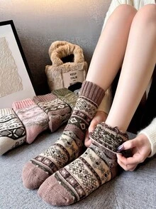 5 Pairs Autumn/Winter Retro Pattern Fashion Vintage Mid-Calf Socks, Women's Thickened Warm Knitted Socks, Suitable For Daily Wear, Home, Outdoor Sports, Matching With Boots, Sneakers, Slippers - Multicolor - View 2