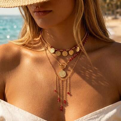 1 pieza Collar de cadena para la clavícula de mujer estilo bohemio vintage americano de vacaciones en la playa, con colgante redondo principal y cierre OT, con borlas asimétricas largas y cortas de cristal rojo, desmontable para uso individual o en capas, adecuado para salidas de verano, con vibra de atuendo vintage, joyería asequible