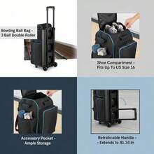 Triple Ball Rolling Tote 31.5" X 12.5" X 16.5" For Bowling Alley Tournament Practice Separate Shoe Compartment Retractable Handle Oversized Accessory Pocket Padded Divider Wheels Heavy Duty Polyester Construction-XY171085 - Multicolor - View 5