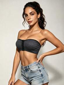 1pc Women's Comfortable Front-Closure Wireless Soft Lightweight Solid Color Unpadded Bralette - Black - View 2