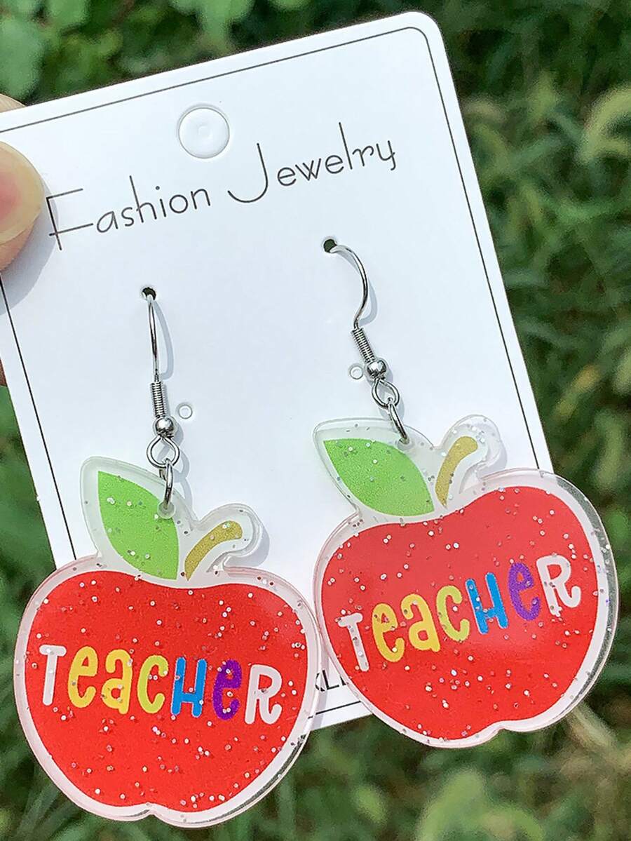1pc Children Back To School Season Teacher's Day Cartoon Colorblock Apple Letter Acrylic Personalized Creative Earrings (No Card) - Multicolor - View 1