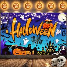 1pc Halloween Horror Backdrop - Ghost Cemetery Scene With Pumpkin Lanterns, Bats, Ghosts, Tombstones - "Trick Or Treat" Text Design, Suitable For Haunted House Events, Parties, Carnivals And Photography Backgrounds, Yard, Garage, Indoor/Outdoor Party Decorations, Holiday Celebrations, Halloween Decor, Scene Setup, Atmosphere Decoration Supplies - Multicolor - View 2