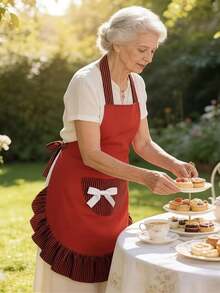 2pcs Vintage British Style Red & Black Striped Ruffle Apron With Bow Pocket, Adjustable, Versatile For Kitchen Baking, Cafe Service, Vintage Photography - Multicolor - View 4