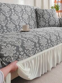 1pc Vintage Jacquard Pattern Skirted Full Coverage Elastic Sofa Cover, Dust-Proof And Stain-Resistant, Stretchable One-Piece Full Coverage Sofa Protector, Living Room Home Decor, Machine Washable And Hand Washable, Pillow Case Not Included - Grey - View 3