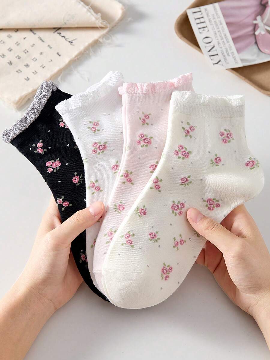 4 pares de calcetines invisibles de moda para mujer con estampado floral, calcetines de tobillo con ribete de encaje, calcetines tipo barco, calcetines minimalistas suaves y transpirables, calcetines blancos, adecuados para uso diario casual, adecuados para primavera, verano y todas las estaciones - Multicolor - Ver 1