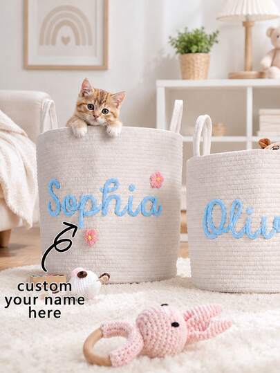 1pc Custom Woven Storage Basket, Personalized Pet Name Toy Bin, Dog Toy Organizer Basket, Handwoven Cotton Rope Laundry Basket, Customize A Woolen Woven Basket With Your Exclusive Name, Pet Room Garden Home Decor, Christmas Gift