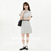韓式休閒 Polo 領洋裝 素色復古優雅休閒腰帶裙 晚宴約會度假日常夏季穿搭 - 淺灰色 - 查看 2