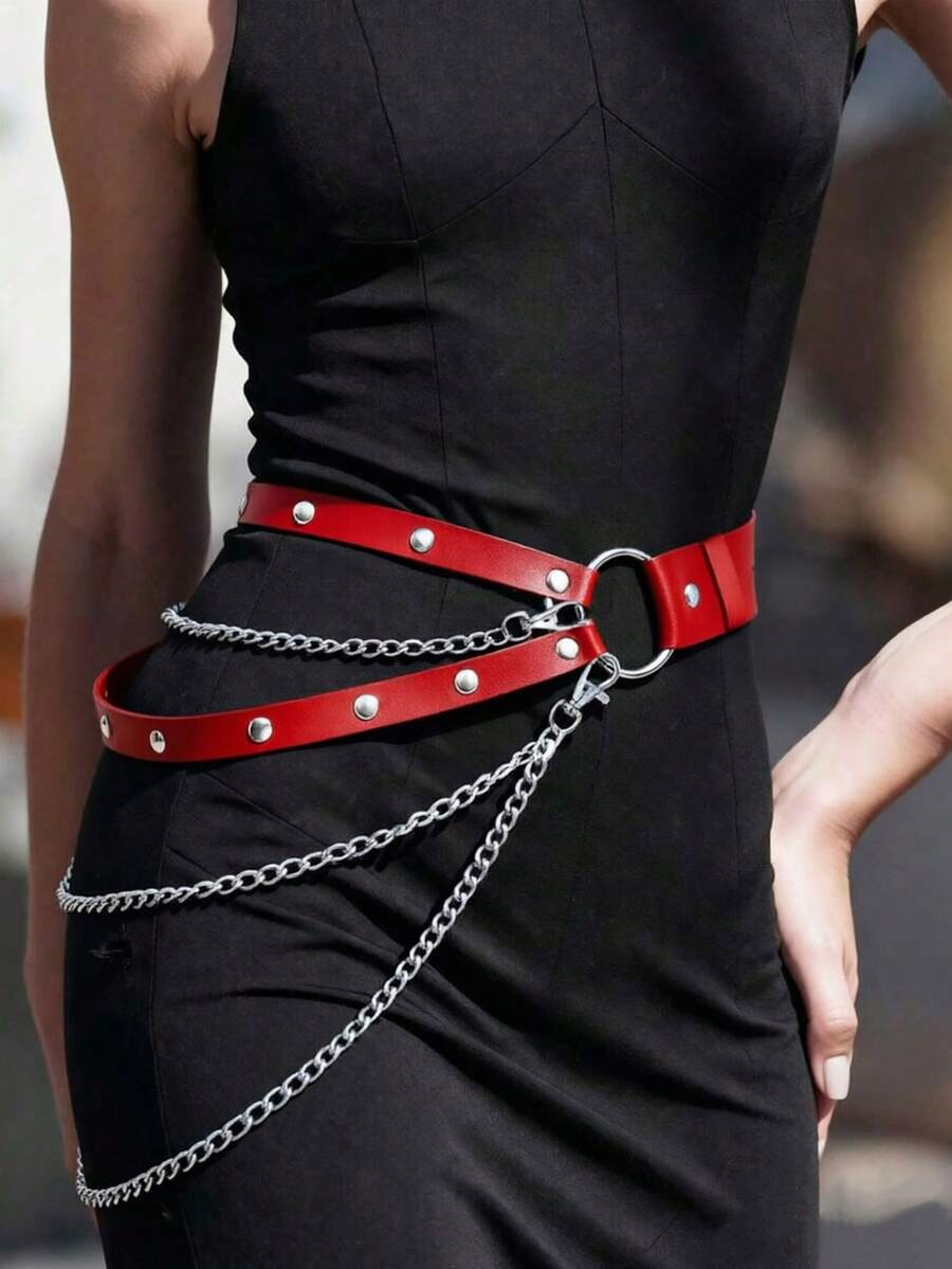 1pc Women's Red Gothic Style Body Waist Belt Performance Costume Accessory, Adjustable Cross Chain One-Piece Waist Belt, Suitable For Daily Wear, Street Style, Runway Events - Red - View 1