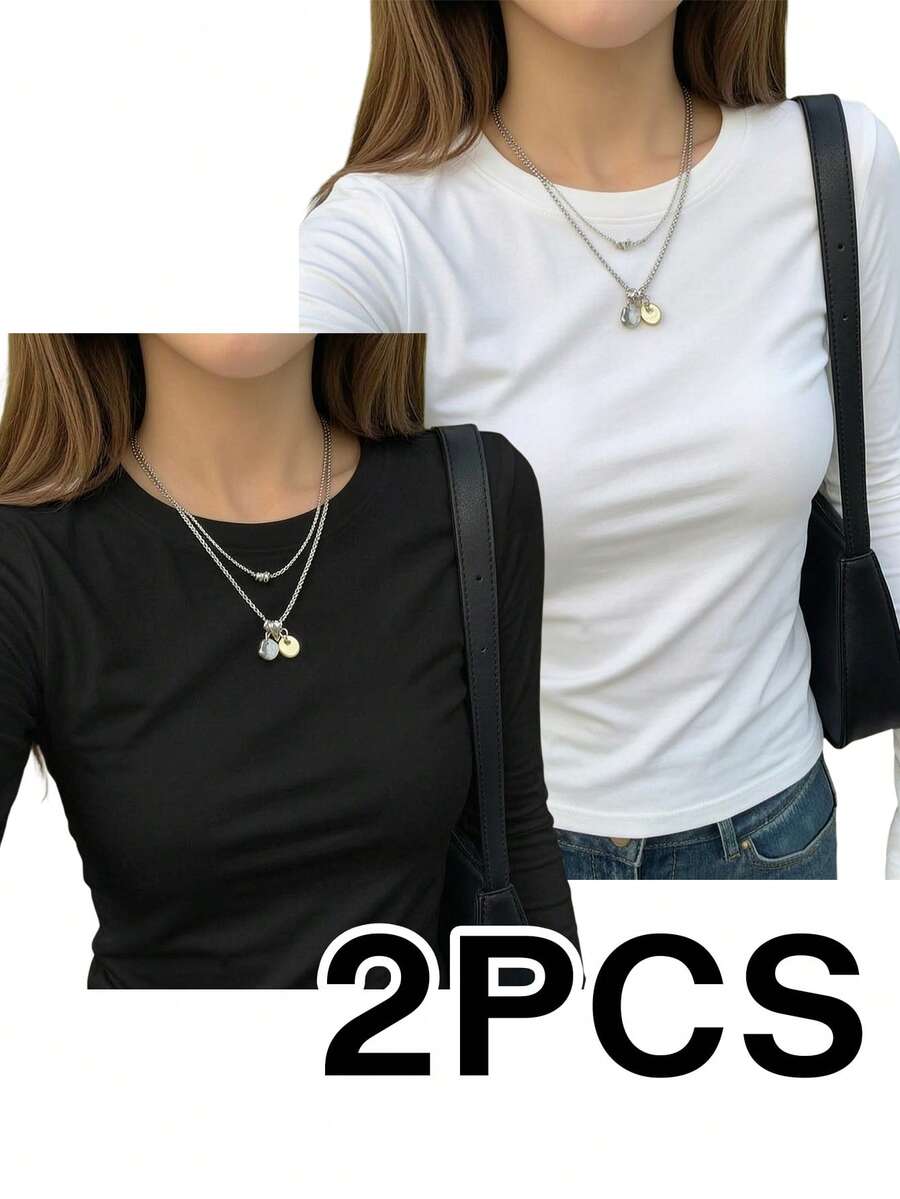 2件組女款圓領長袖T恤,夏季時尚純色休閒百搭修身短版上衣 - 彩色 - 查看 1