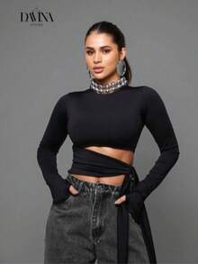 Women's Suplex Cropped Blouses Long Sleeve With Tie At The Waist Disguises Belly Comfortable Autumn Winter Fashion For Foreigners - 黑色 - 查看 4
