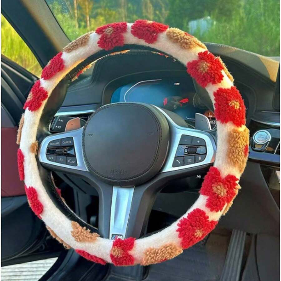 1pc Women's Short Plush Steering Wheel Cover, Warm Jacquard Floral Fuzzy Steering Wheel Cover - Multicolor - View 1