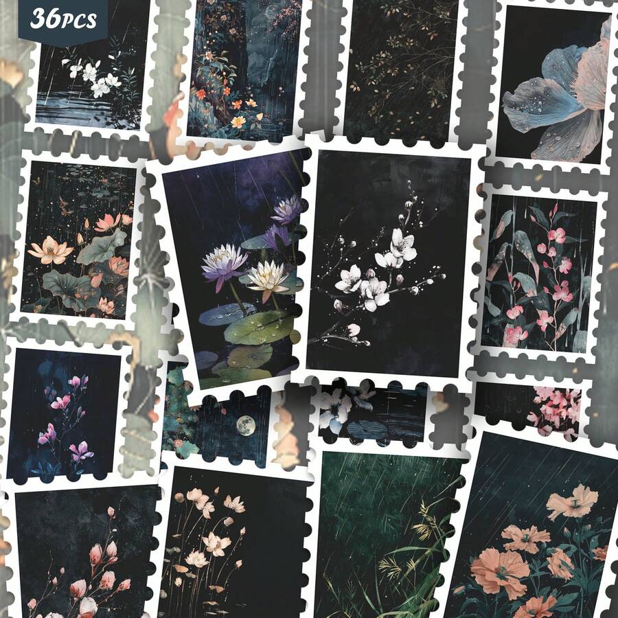 36PCS Retro Dark Floral Stickers, Vintage Moody Rainy Pond & Atmospheric Aesthetic Cutout Sticker Set For Journals, Scrapbook, Planner & Creative Collage - Stamp - View 1