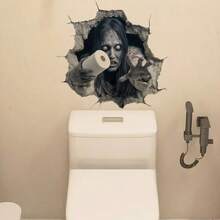 1PC 2D Broken Wall Ghost Bathroom Wall Sticker, Self Adhesive Horror Zombie With Toilet Paper Decal, Halloween Prank Decor For Restroom Tile - 1PC - View 6