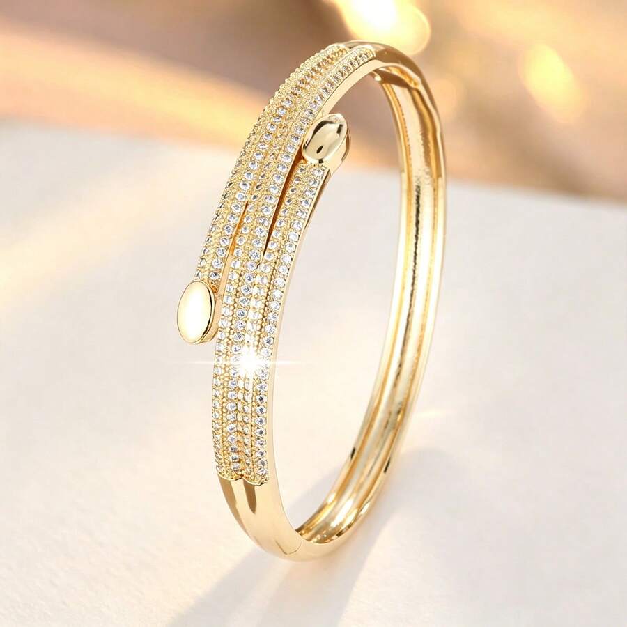 1pc Minimalist Line Oval Design Cubic Zirconia Inlaid Women Bracelet - Multicolor - View 1
