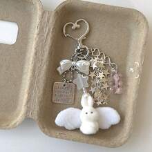 Cute Angel Rabbit Keychain With Bow And Wings, Flocked Material Handmade Bag Charm, Kawaii Handbag Pendant, Phone Charm Accessory - Multicolor - View 2